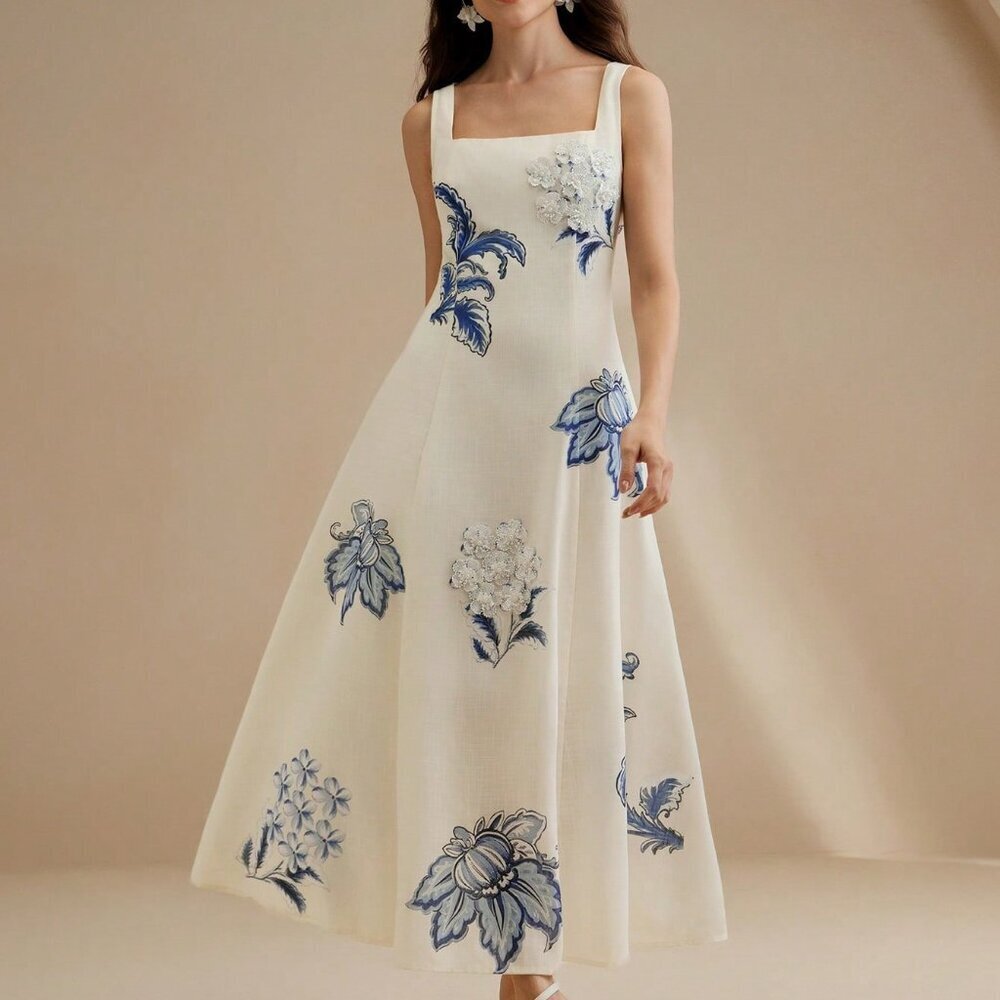 Multicolor Elegant Women's Floral Maxi Slip Dress with 3D Flowers - Picture 5 of 7
